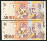 q669 PERECHE CONSECUTIVA 5000 LEI 1998 filigran mare oblic NECIRCULATA UNC