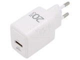 &Icirc;ncărcător QOLTEC 20W 5-20V DC USB C Power Delivery și USB A QC 3.0 alb