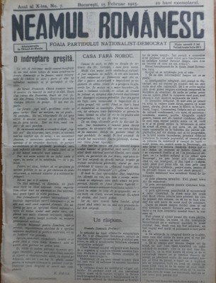 Ziarul Neamul romanesc , nr. 7 , 1915 , din perioada antisemita a lui N. Iorga foto