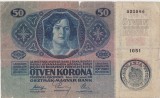 AUSTRIA UNGARIA 50 COROANE KRONEN 1914 TIMBRU SPECIAL PE PARTEA MAGHIARA UZATA