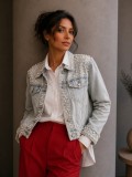 Geaca dama din denim vintage cu perlute aplicate