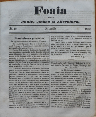 Foaia pentru minte , inima si literatura , nr. 12 , 1863 , Brasov , I. Muresanu foto