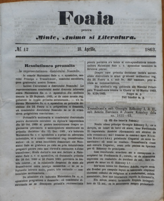 Foaia pentru minte , inima si literatura , nr. 12 , 1863 , Brasov , I. Muresanu