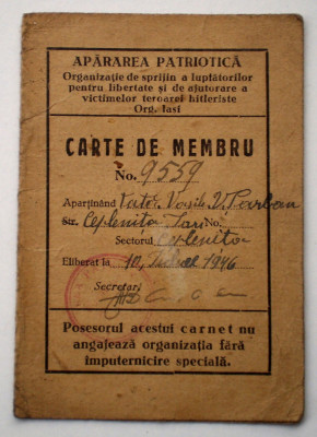 O.062 ROMANIA CARNET DE MEMBRU APARAREA PATRIOTICA IASI 1946 + FOTO foto