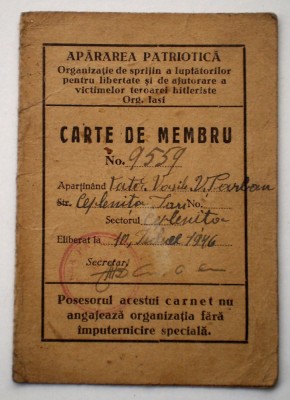 O.062 ROMANIA CARNET DE MEMBRU APARAREA PATRIOTICA IASI 1946 + FOTO foto