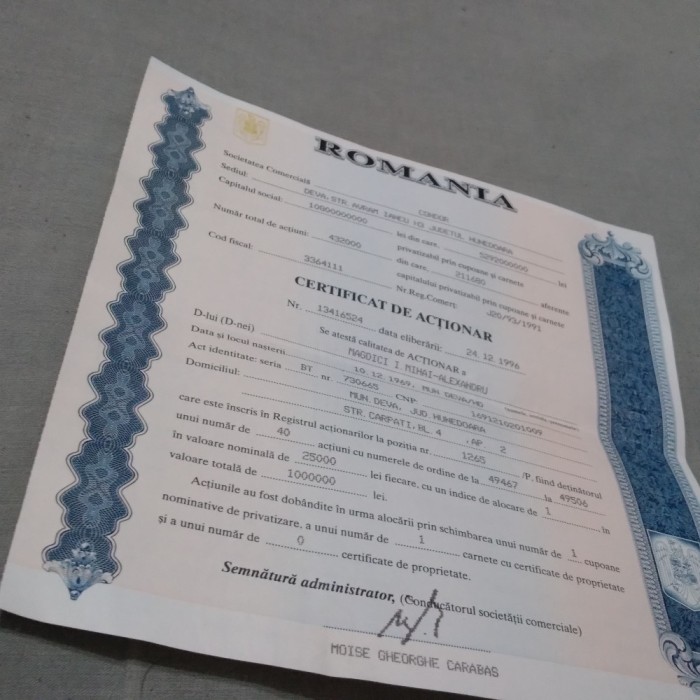 CUPON CERTIFICAT DE ACTIONAR LA CONDOR DEVA