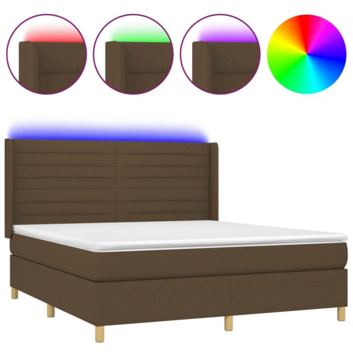Pat cu arcuri, saltea si LED, maro inchis, 160x200 cm, textil