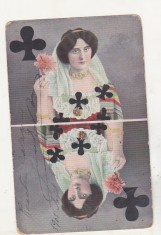bnk cp Carte postala - carti de joc - Dama de inima neagra - circulata Bacau 1905 - uzata