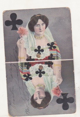 bnk cp Carte postala - carti de joc - Dama de inima neagra - circulata Bacau 1905 - uzata foto