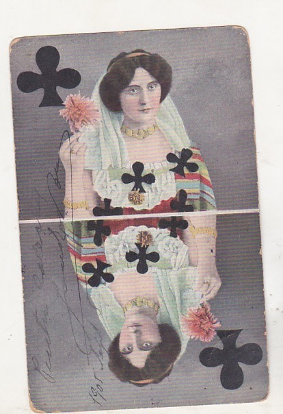 bnk cp Carte postala - carti de joc - Dama de inima neagra - circulata Bacau 1905 - uzata