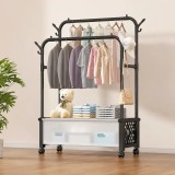 Suport cuier pentru haine, multifunctional, cu roti 360&deg;, rafturi de depozitare și suport pentru incăltaminte, negru