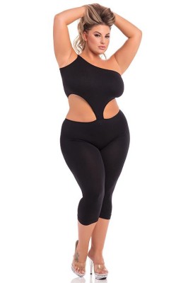 ONE SHOULDER CROPPED CATSUIT BLACK, Pink Lipstick - 3XL/4XL foto