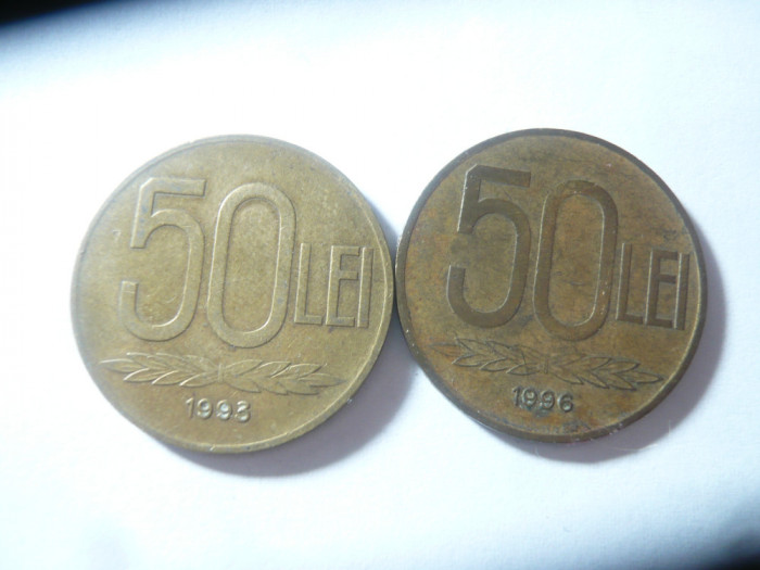 2 Monede 50 lei 1993 si 1996 bronz , cal. buna si f. buna