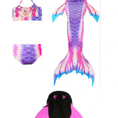 Set Costum de baie Model Sirena cu 4 piese, include si Inotatoarea pentru fixarea cozii, Mov/Roz/Albastru, 110 cm