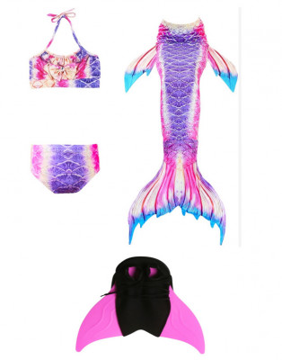 Set Costum de baie Model Sirena cu 4 piese, include si Inotatoarea pentru fixarea cozii, Mov/Roz/Albastru, 110 cm foto