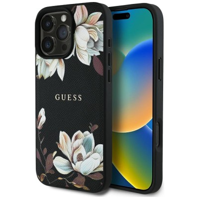 Husa iPhone 16 Pro Max Guess Grained Flowers MagSafe, negru, GUHMP16XPGNMPLMK foto