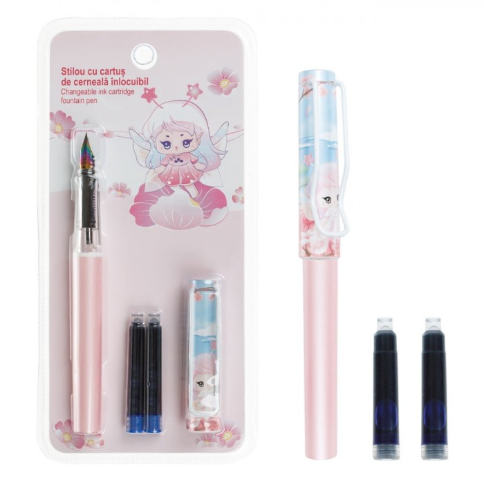 Set Stilou, Model Z&acirc;nă, Roz, 2 Rezerve Cerneală, V&acirc;rf Multicolor