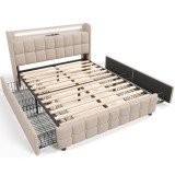 Pat cu tăblie USB și iluminare LED, 4 sertare, structură din lemn, tăblie tapițată, 140x200 cm, Bej