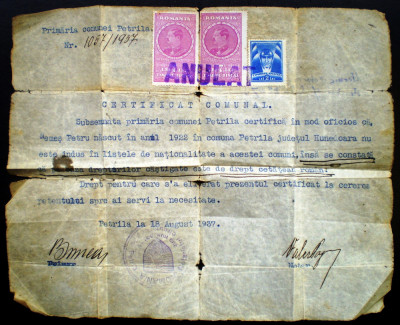 O.139 ACT CERTIFICAT COMUNAL COMUNA PETRILA HUNEDOARA 1937 foto
