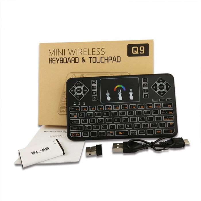 Tastatura Wireless Techstar&reg; Q9 Iluminata RGB , QWERTY, Plug&amp;Play, Tochpad, Tastatura, Mouse