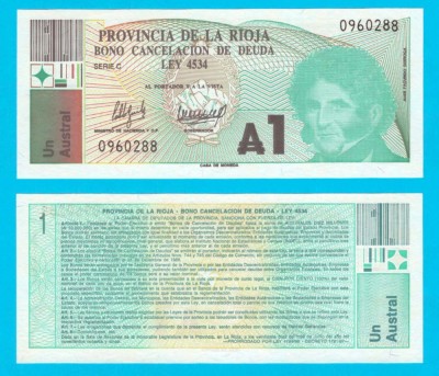 Argentina (p#S2503) 1 Austral 1986 UNC &amp;#039;La Rioja&amp;#039; serie: 0960288 foto