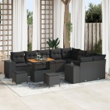 Set canapea grădină 12 piese cu perne Negru Ratan poli Acacia, Set de dining grădină 3 piese cu perne Negru Ratan poli Acacia, vidaXL