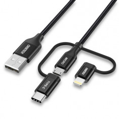 Choetech 3in1 cablu MFI USB - USB tip C / micro USB / Lightning (încărcare 3A / transfer de date 480 Mbps) 1,2 m, negru (IP0030-BK)