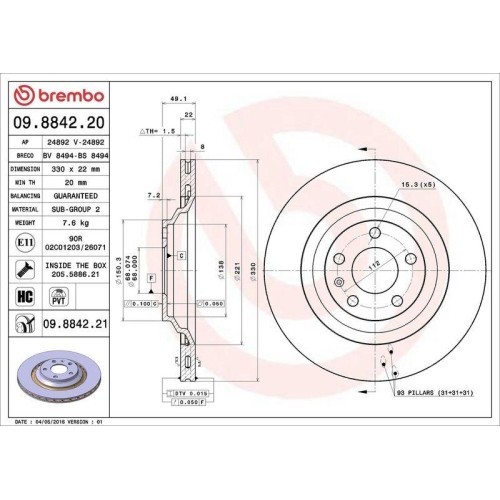 Set disc frana Audi A6 C6 (4f2) 04.04-08.11, A6 C6 Avant (4f5) 11.04-08.11, Spate, 330X22mm, ventilat, BREMBO