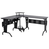 Birou calculator pe colt, otel, MDF, cu raft tastatura, negru, max 50 kg, 170x140x86.5 cm, ART