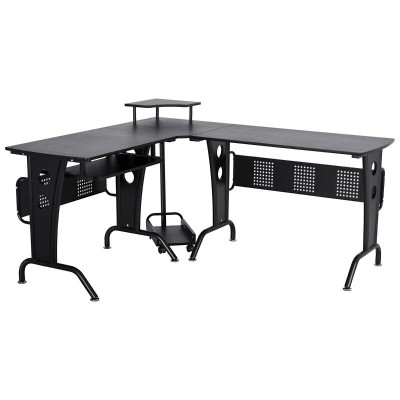 Birou calculator pe colt, otel, MDF, cu raft tastatura, negru, max 50 kg, 170x140x86.5 cm foto