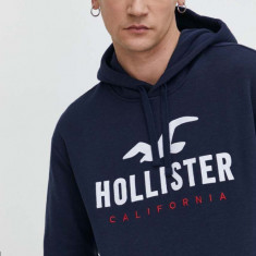 Hollister Co. bluza barbati, culoarea albastru marin, cu glugă, cu imprimeu