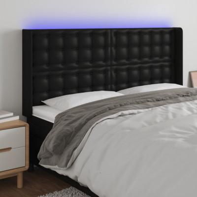 vidaXL Tăblie de pat cu LED, negru, 163x16x118/128 cm, piele ecologică foto