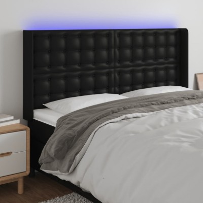 vidaXL Tăblie de pat cu LED, negru, 163x16x118/128 cm, piele ecologică foto