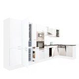 Mobilă de bucătărie de colț Yorki 430, corp alb, față alb satinat, cu frigider sub blat