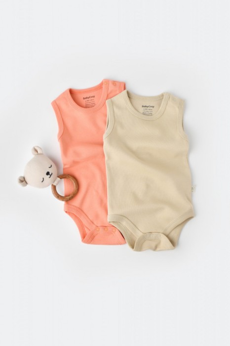 Set 2 body-uri fara maneci bebe unisex -100% bumbac organic - Roz/Crem, BabyCosy (Marime: 18-24 Luni)