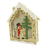 Decoratiune luminoasa, model de Casa cu Om de zapada, maro, lungime: 18 cm, latime: 5 cm, inaltime: 21 cm, lemn, interior/exterior, Flippy