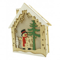 Decoratiune luminoasa, model de Casa cu Om de zapada, maro, lungime: 18 cm, latime: 5 cm, inaltime: 21 cm, lemn, interior/exterior