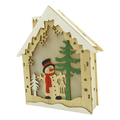 Decoratiune luminoasa, model de Casa cu Om de zapada, maro, lungime: 18 cm, latime: 5 cm, inaltime: 21 cm, lemn, interior/exterior foto