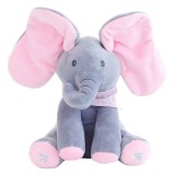 Jucarie interactiva pentru copii, flippy, elefantel peek-a-boo, muzica, misca urechile, alimentare cu baterii, 30 cm, roz-gri