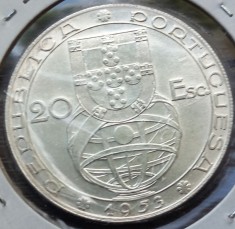 (A687) MONEDA DIN ARGINT PORTUGALIA - 20 ESCUDOS 1953, REFORMA FINANCIARA