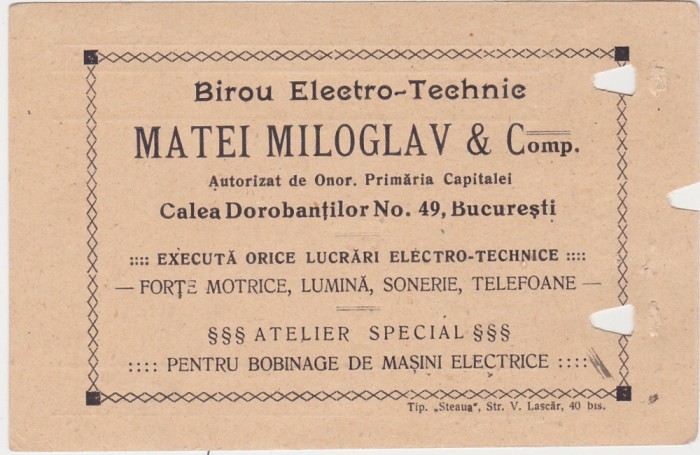 Birou electro-technic Matei Miloglav &amp; Comp Bucuresti Calea Dorobantilor 1925