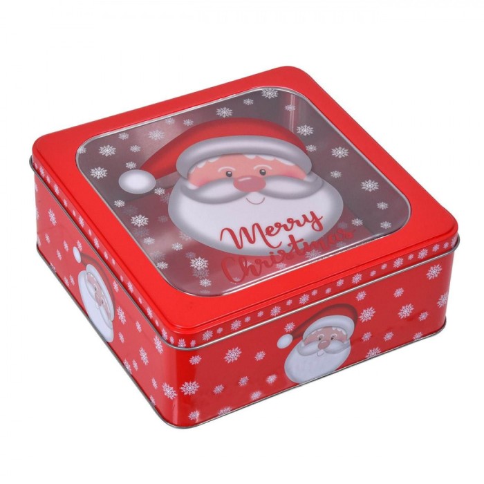 Cutie Metalică Crăciun, Fereastră Moș Crăciun, Fulgi Zăpadă, Roșu, 18x18x7cm