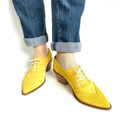 Pantofi dama din piele naturala cu toc gros Ellis Yellow