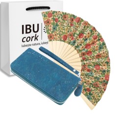 Set cadou portofel turcoaz si evantai floral