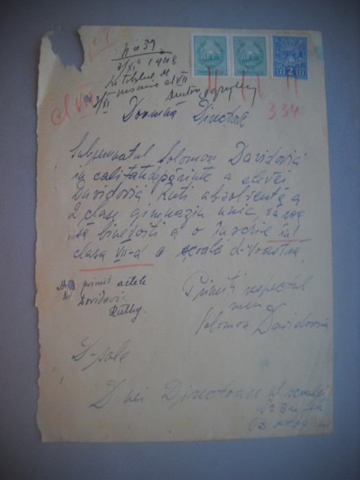 HOPCT DOCUMENT VECHI NR 492 RUTI DAVIDOVICI-EVREU-SCOALA NR 3 FETE BOTOSANI 1948