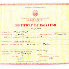 AMS# - CERTIFICAT INOVATOR DISPOZITIV DE SCARMANAT IARBA DE MARE 1969 SUCEAVA