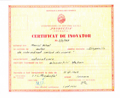 AMS# - CERTIFICAT INOVATOR DISPOZITIV DE SCARMANAT IARBA DE MARE 1969 SUCEAVA foto