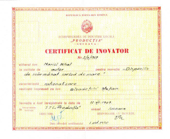 AMS# - CERTIFICAT INOVATOR DISPOZITIV DE SCARMANAT IARBA DE MARE 1969 SUCEAVA