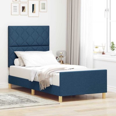 vidaXL Cadru de pat cu headboard albastru 90 x 200 cm țesătură foto