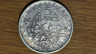 Franta - moneda mare 12 gr. argint .835 - 5 franci / francs 1960 - impecabila ! foto